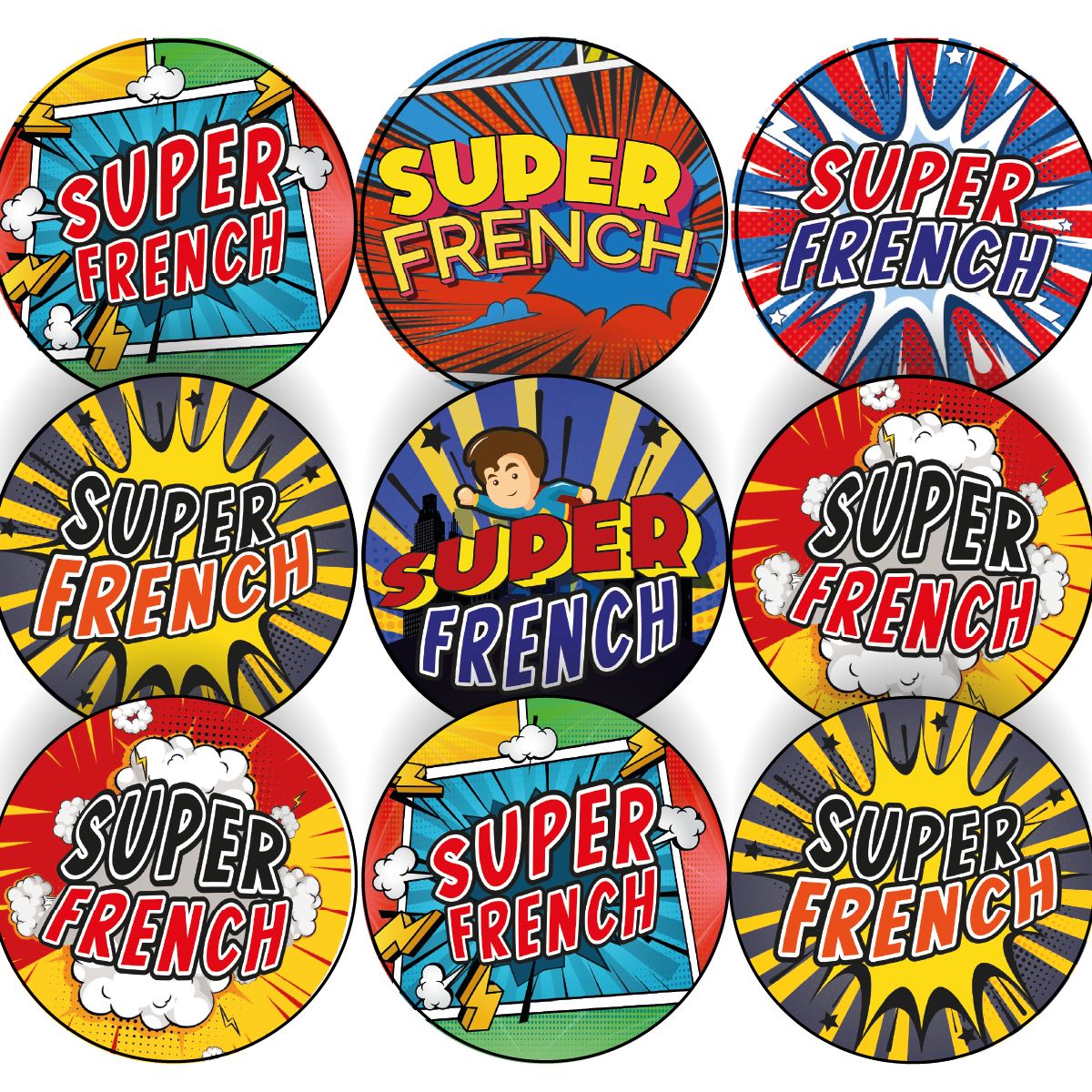 144 French Superhero Comic Stickers - 30mm - Glossy Reward Stickers for Teachers & Parents