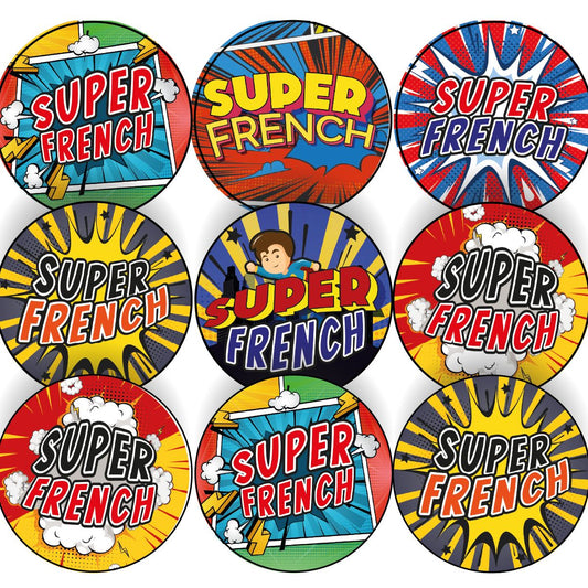 144 French Superhero Comic Stickers - 30mm - Glossy Reward Stickers for Teachers & Parents