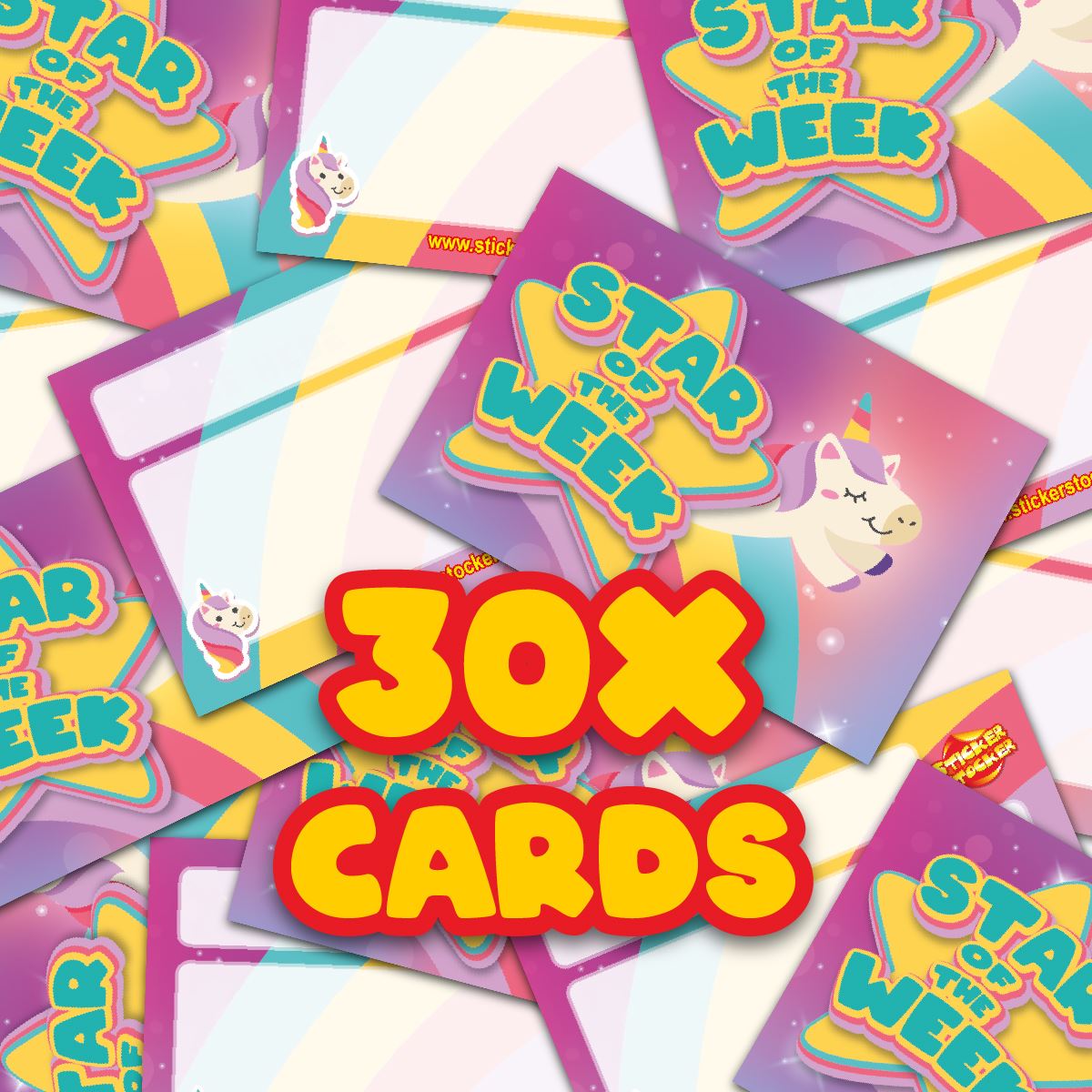 30 Unicorn Star of the Week award cards for school teachers, wallet sized glossy reward cards