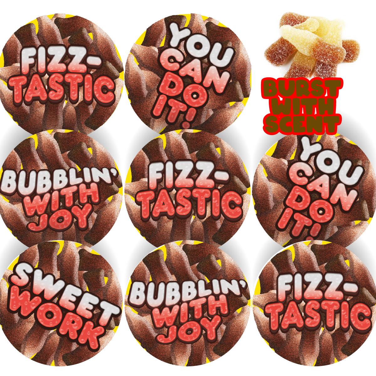 120 Cola Bottle Praise Words Scented  30mm Reward Stickers for Teachers, Parents and Party Bags