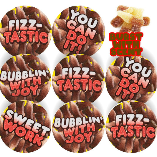 120 Cola Bottle Praise Words Scented  30mm Reward Stickers for Teachers, Parents and Party Bags