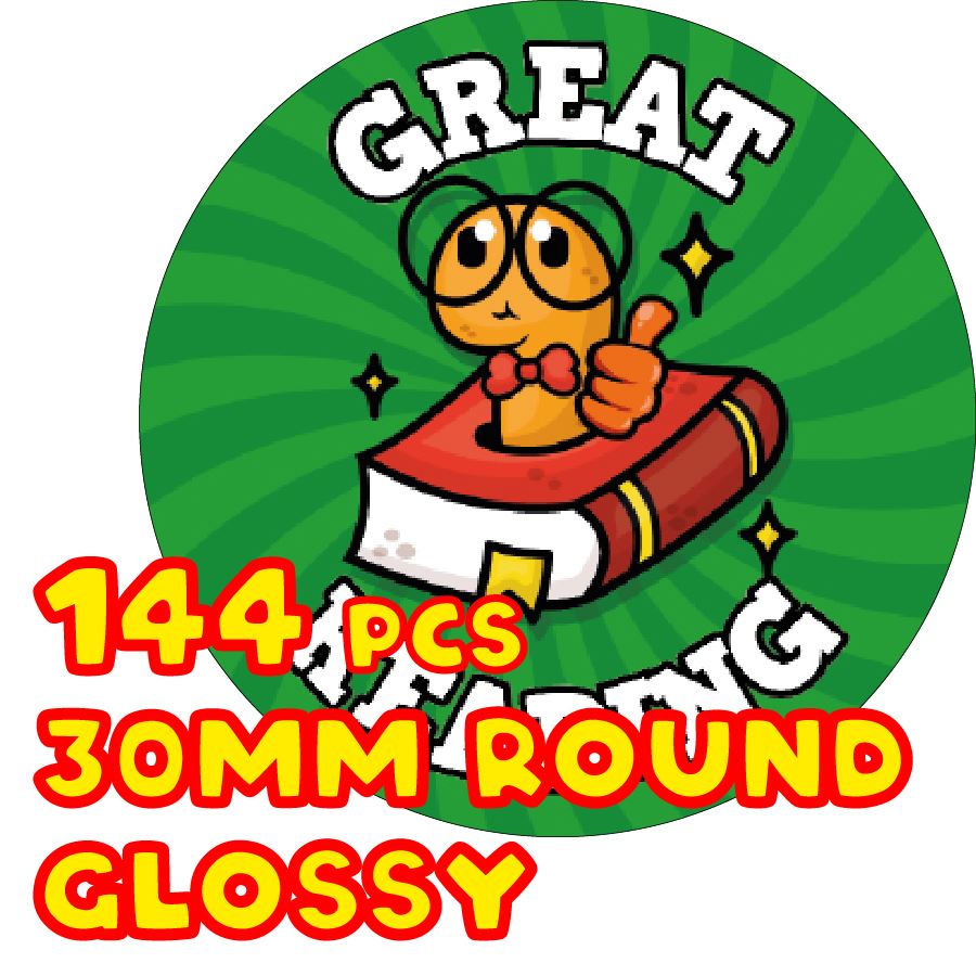 144 Great Reading Book Worm - 30mm - Glossy Reward Stickers for Teachers & Parents