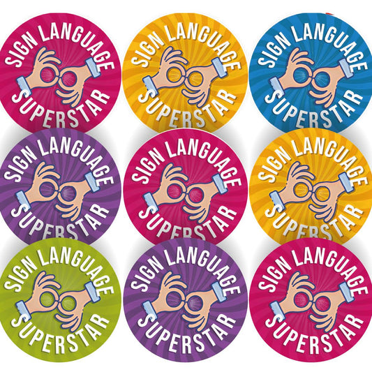 144 Sign Language Superstar - 30mm - Glossy Reward School Stickers for Teachers & Parents