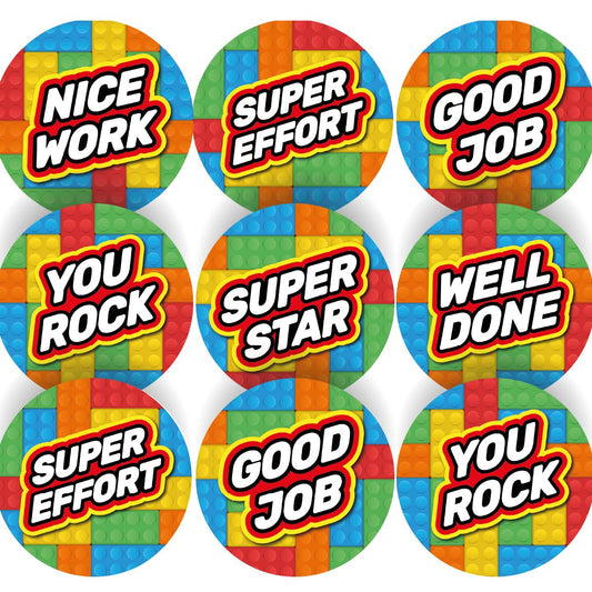 144 Building Block Praise Words - 30mm - Glossy Reward Stickers for Teachers & Parents