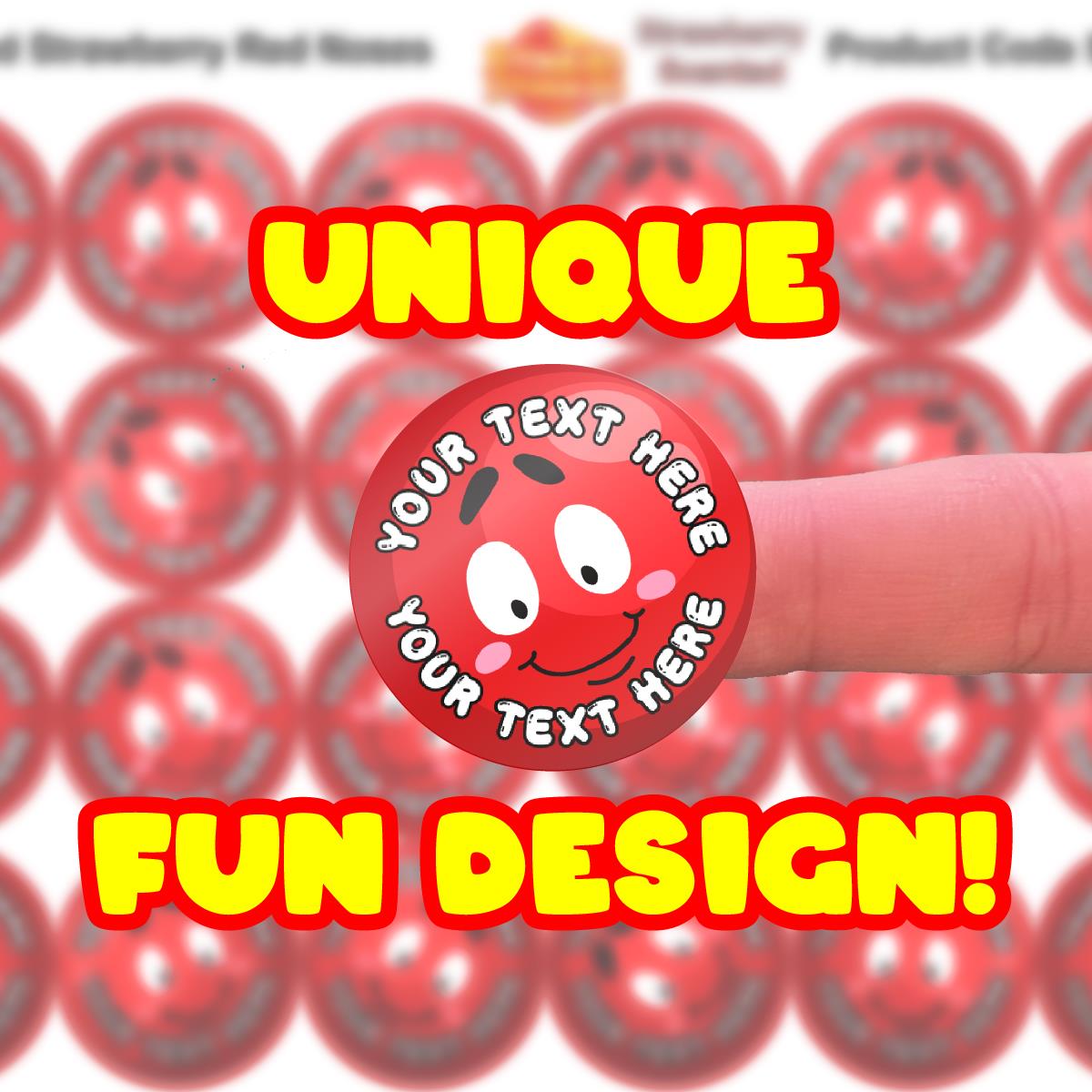 120 Strawberry Scented Personalised Stickers - Smiley Red Clown Noses  - Personalised 30mm Scented  Stickers - For Teachers Nursery Parents