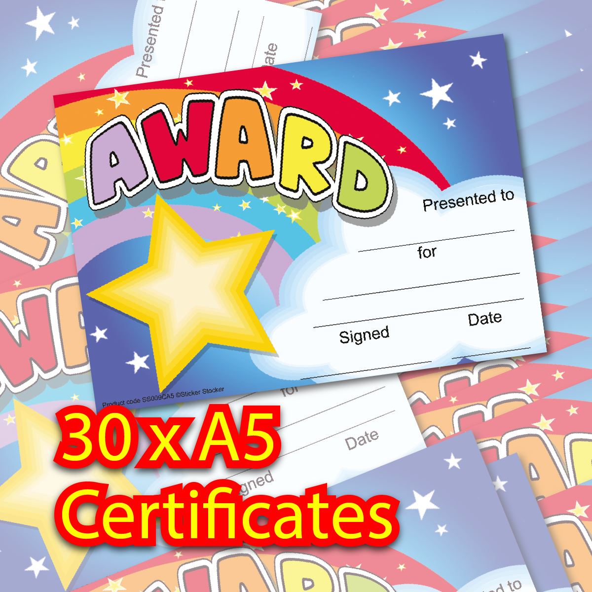 Colorful A5 award certificates with rainbow, star, and cloud design for students and teachers