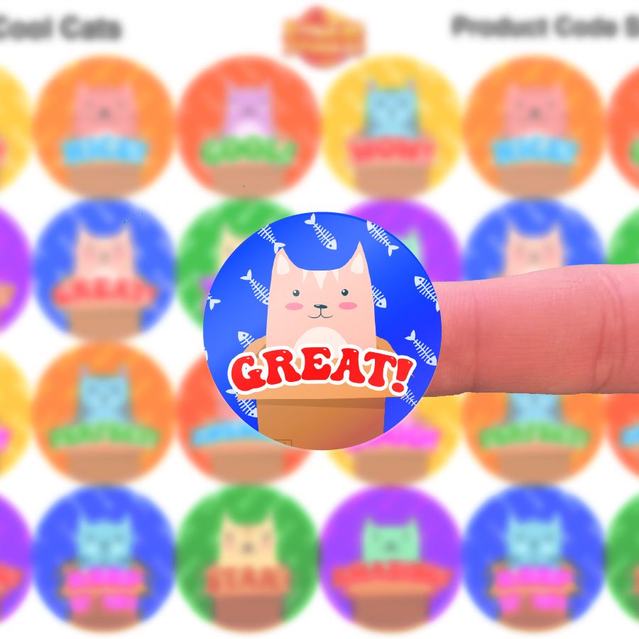 144 Colourful Cool Cats - 30mm - Glossy Reward Stickers for Teachers & Parents