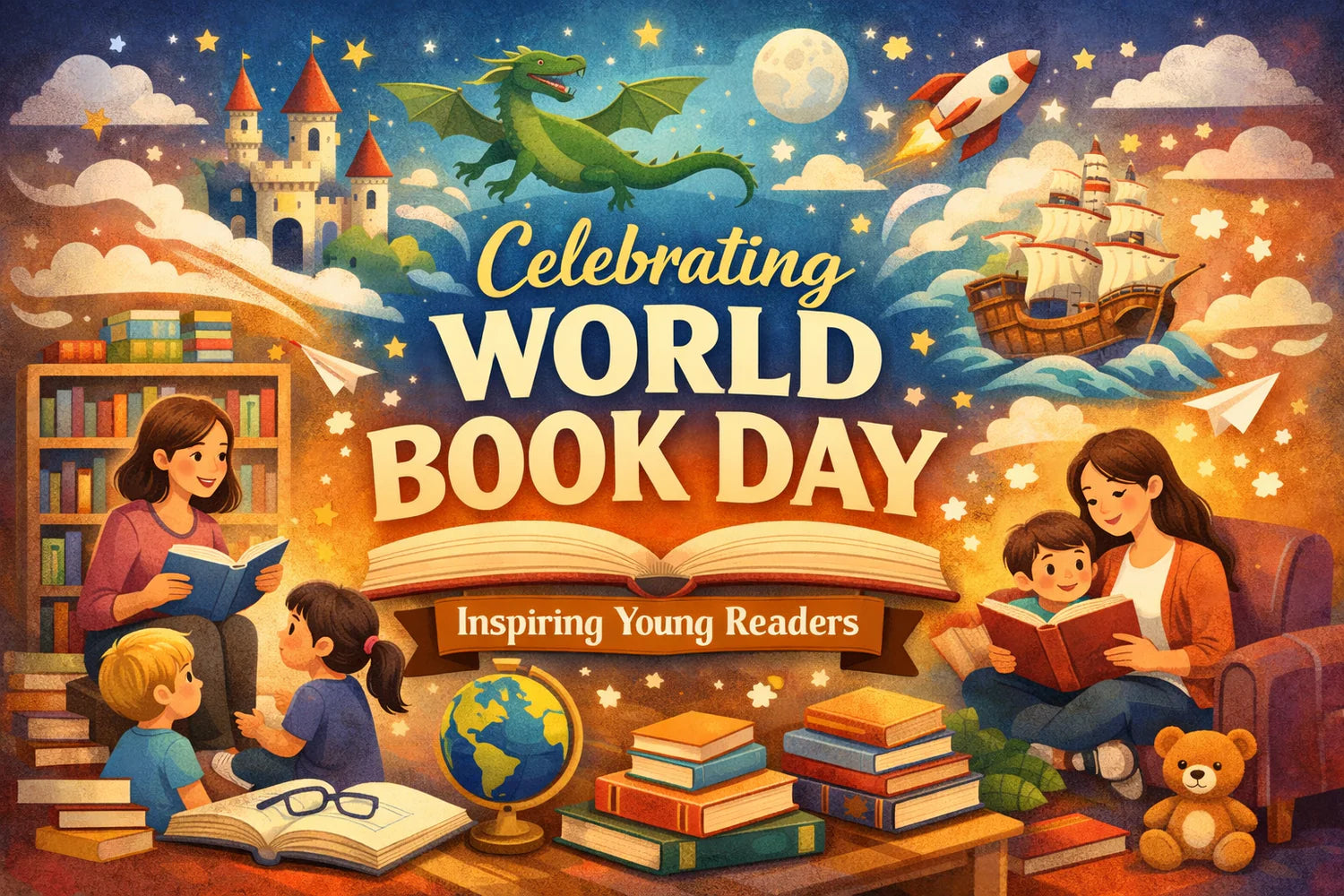 Illustration of World Book Day with children reading, a dragon, castle, and books.