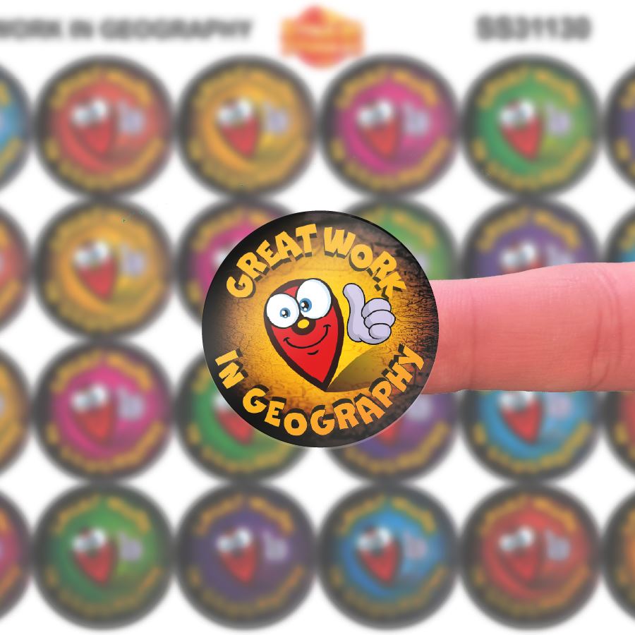 144 Great Work In Geography - 30mm - Glossy Reward Stickers for Teachers & Parents