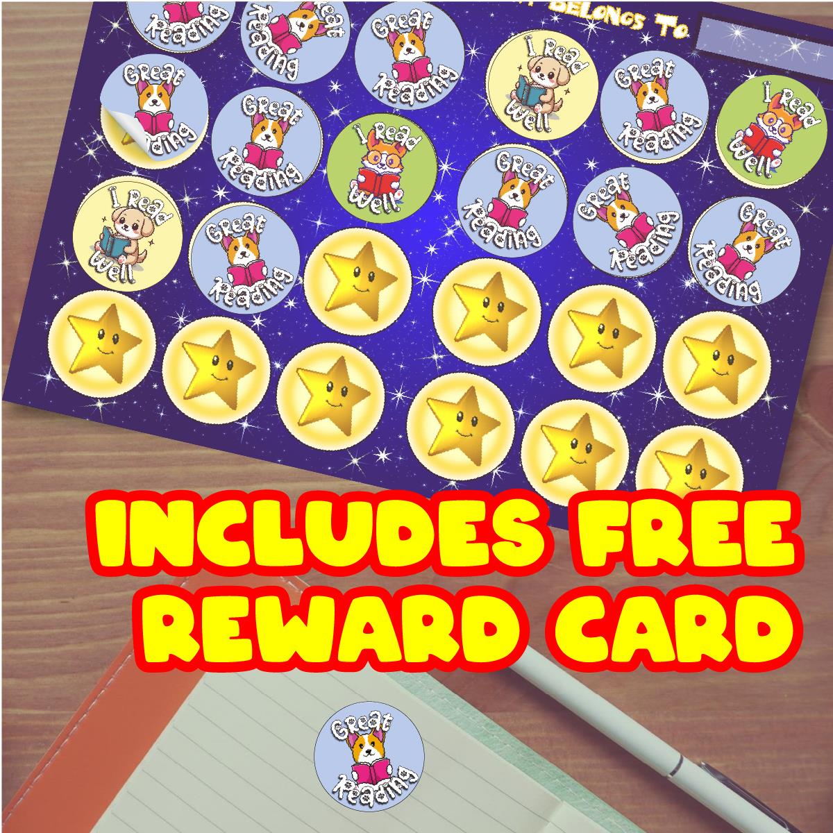 144 Reading Dogs + 90 Free Mini Dogs 30mm Reward Stickers for Teachers, Parents and Schools