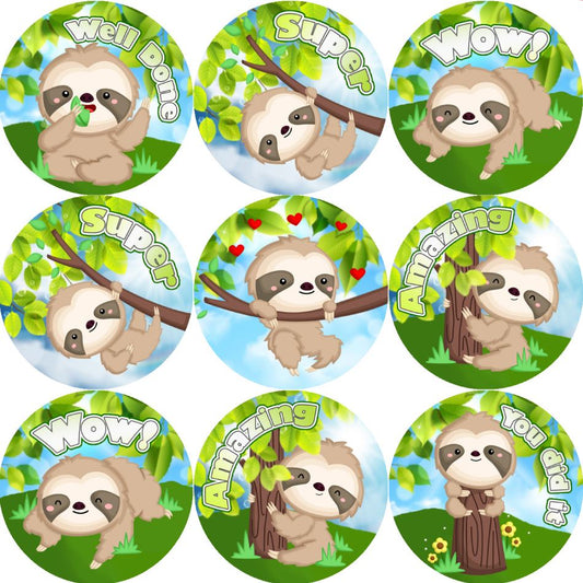 144 Smart Sloth Praise Words 30mm Stickers for Teachers, Parents and Party Bags