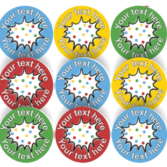 144 Personalised 30mm Colourful Polkadot Comic Reward Stickers for School Teachers, Parents and Nursery