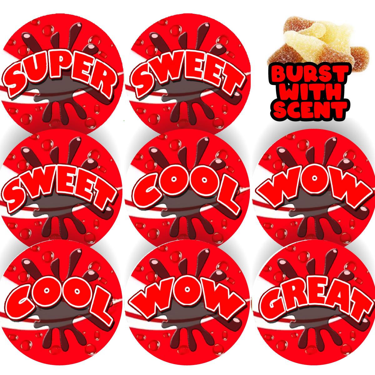 120 Cola Burst Praise Words Scented  30mm Reward Stickers for Teachers, Parents and Party Bags
