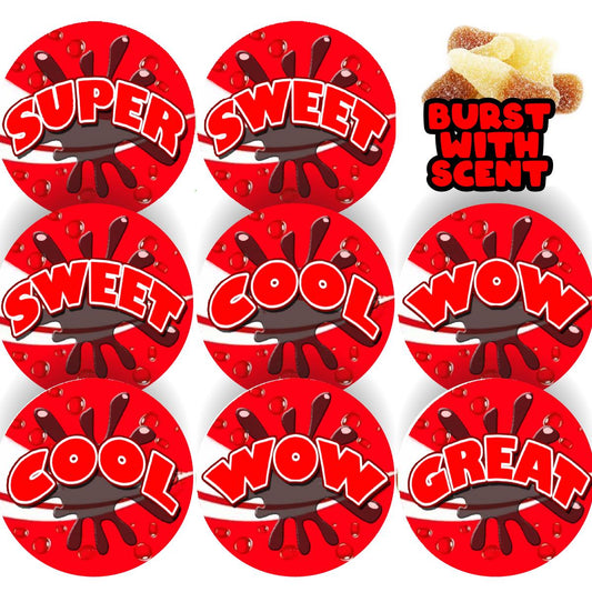 120 Cola Burst Praise Words Scented  30mm Reward Stickers for Teachers, Parents and Party Bags