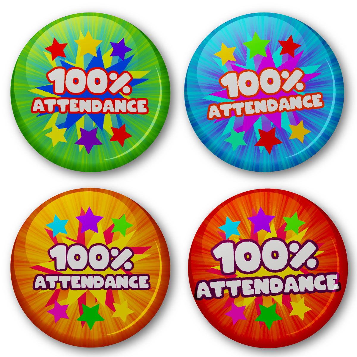 100% Attendance Reward Button Badges (Pack of 20 Pin Badges - 38mm)