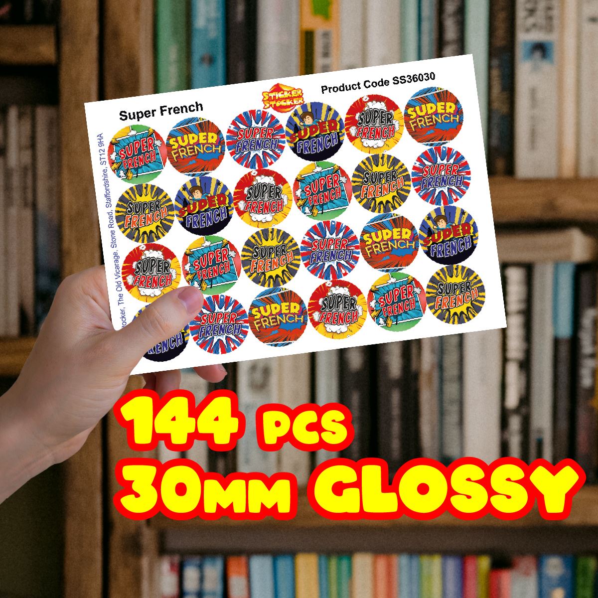 144 French Superhero Comic Stickers - 30mm - Glossy Reward Stickers for Teachers & Parents