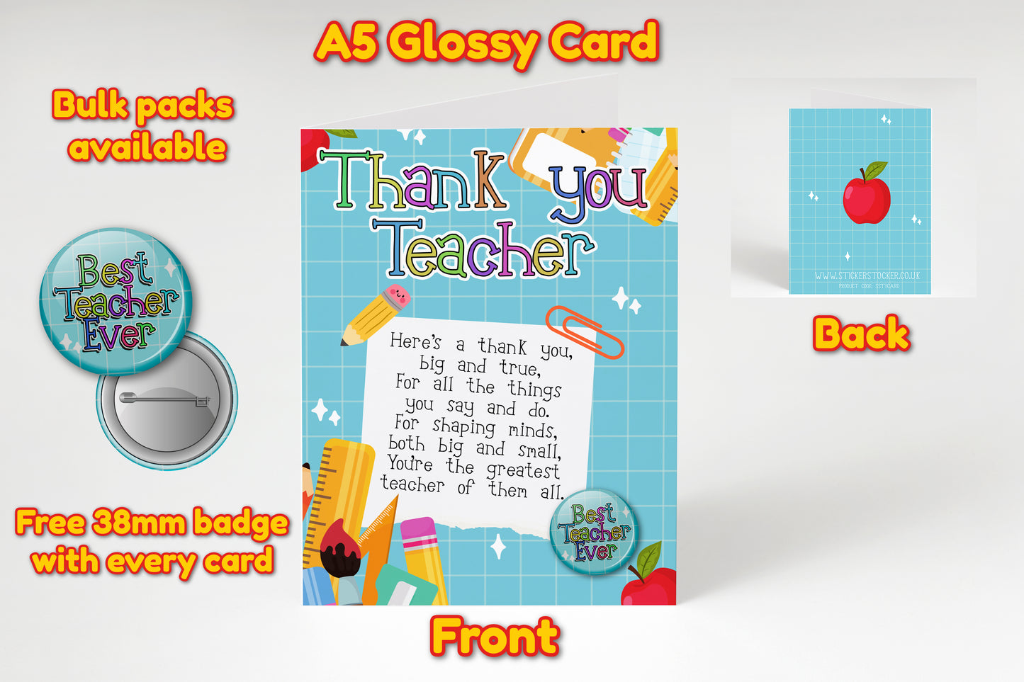Thank You Teacher Greeting Card with FREE pin badge - Teacher Gifts - End of Term Gift -Teacher, School, Nursery, Parents