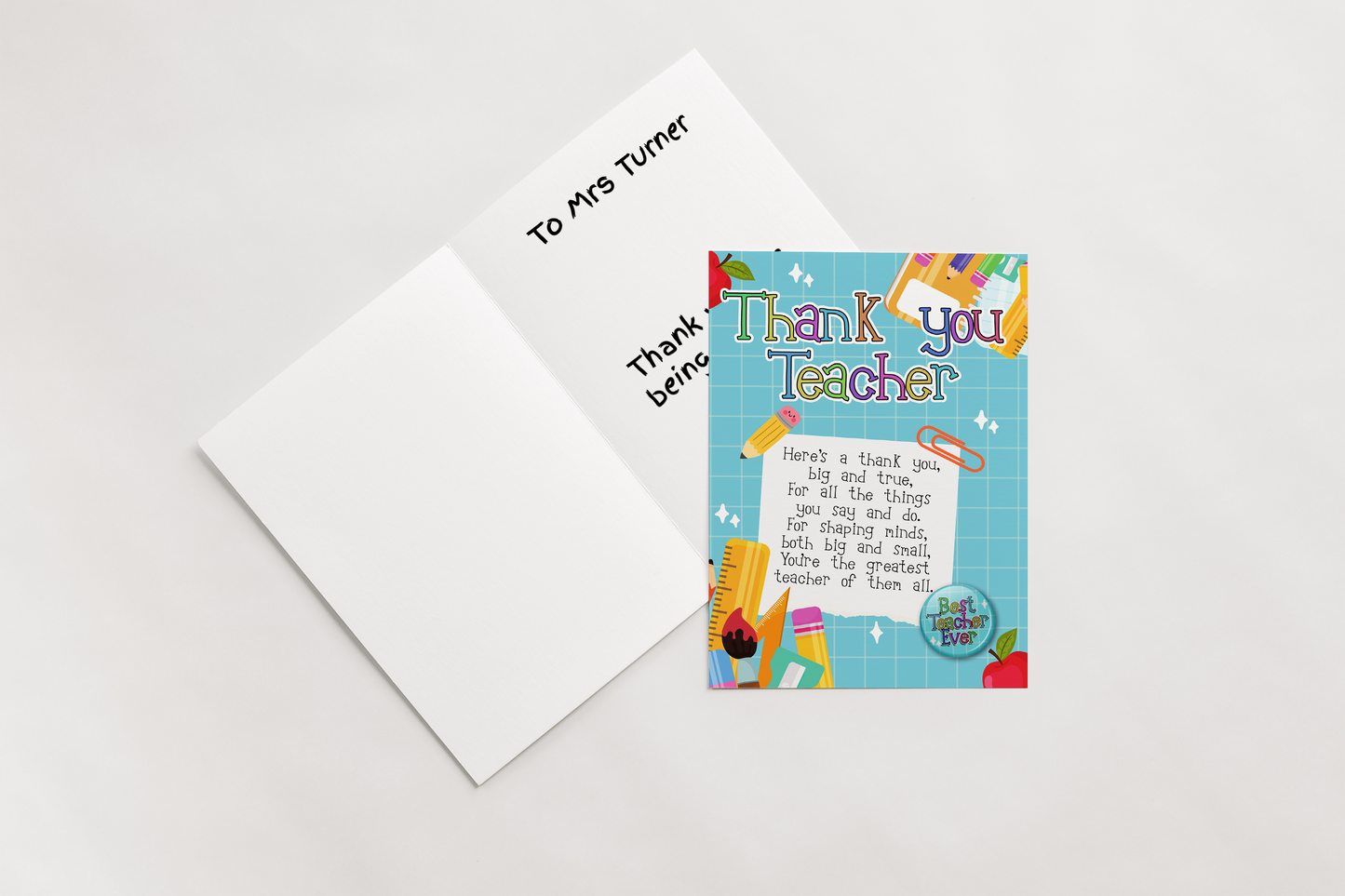Thank You Teacher Greeting Card with FREE pin badge - Teacher Gifts - End of Term Gift -Teacher, School, Nursery, Parents