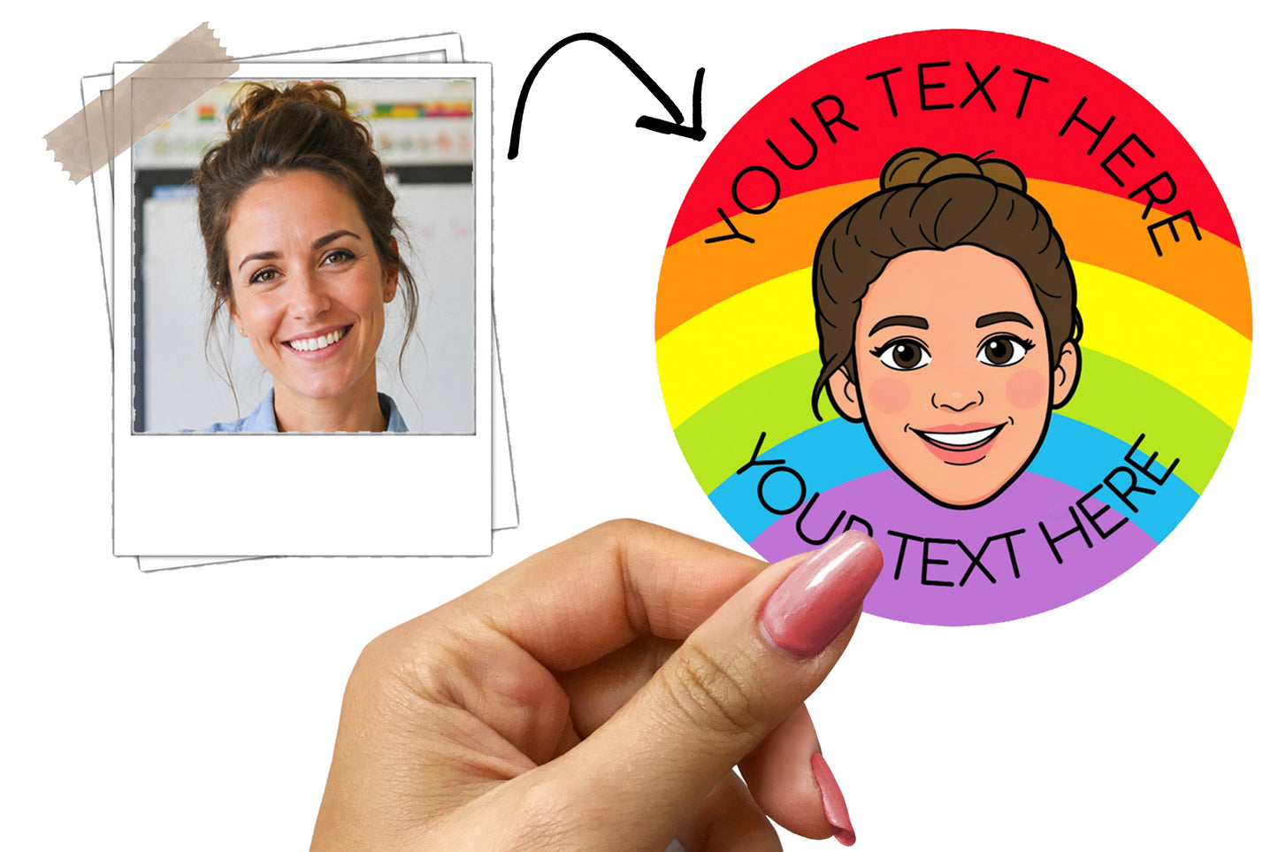 Personalised Cartoon  Stickers - Custom Cartoon Face & Name, Round Glossy Labels
