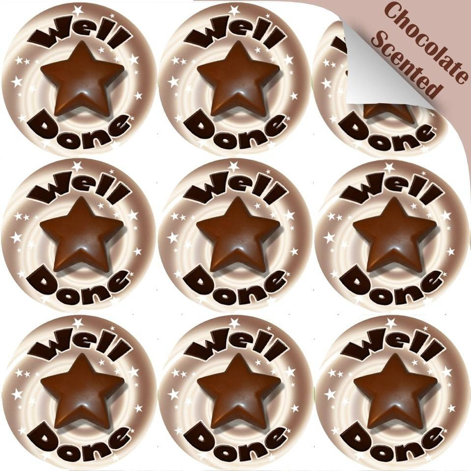 Sticker Stocker 120 Chocolate Well Done Star 30mm Scented Reward Stickers for Teachers, Parents and Party Bags