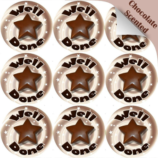 Sticker Stocker 120 Chocolate Well Done Star 30mm Scented Reward Stickers for Teachers, Parents and Party Bags