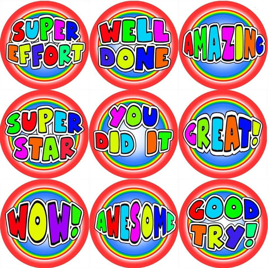Sticker Stocker 144 Colourful Praise Words 30mm Stickers for Teachers, Parents and Party Bags