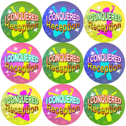 Sticker Stocker 144 I Conquered Reception - End of Term Year Pre-K Teacher Reward Stickers Size 30 mm