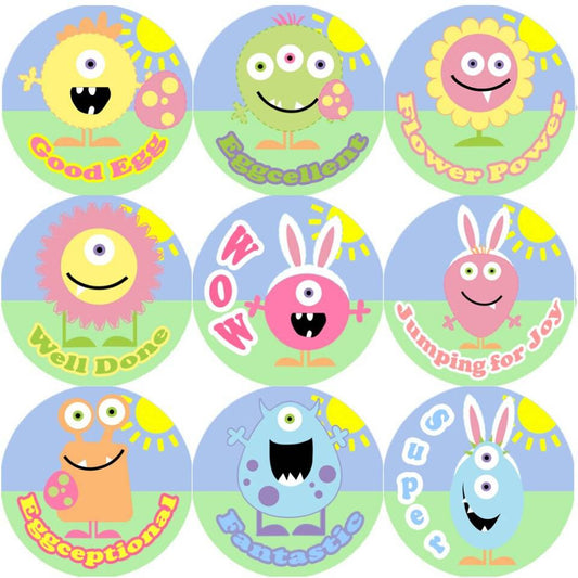 Sticker Stocker 144 Monster Easter Praise Words 30mm Round Childrens Reward Stickers for Teachers, Parents