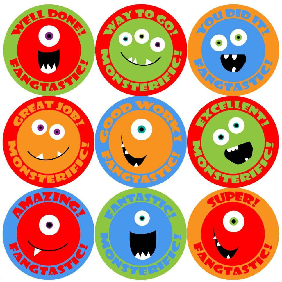 Sticker Stocker 144 Monster Smiles Praise Words 30mm Childrens Reward Stickers for Teachers or Parents