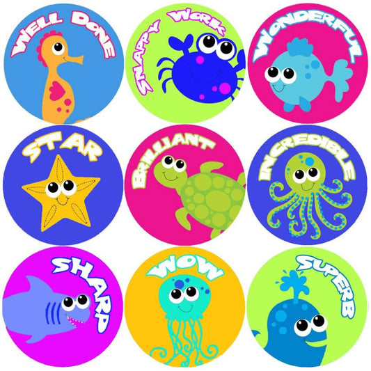 Sticker Stocker 144 Sea Life Creatures Praise Words 30mm Childrens Reward Stickers for Teachers or Parents