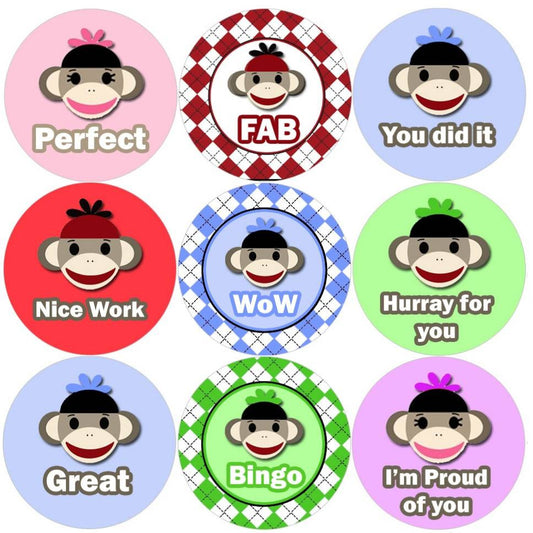 Sticker Stocker 144 Super Sock Monkeys 30mm Round Childrens Reward Stickers for Teachers or Parents