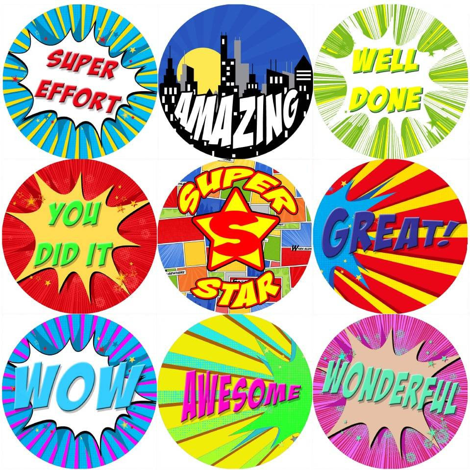 Sticker Stocker 144 Superhero Comic Praise Words 30mm Reward Stickers for Teachers, Parents and Party Bags