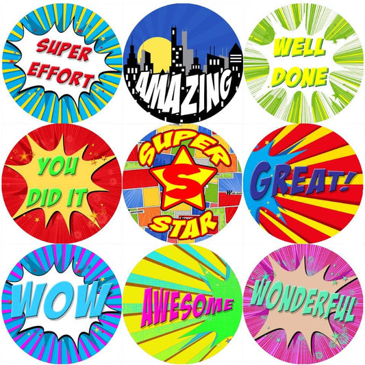 Sticker Stocker 144 Superhero Comic Praise Words 30mm Reward Stickers for Teachers, Parents and Party Bags