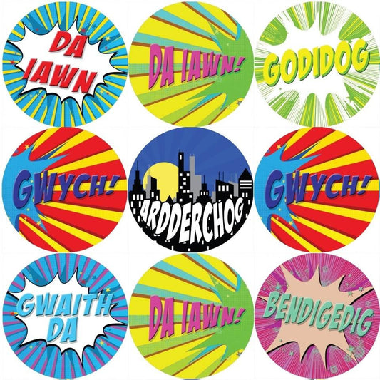 Sticker Stocker 144 Superhero Comic Welsh Praise Words 30mm Reward Stickers for Teachers, Parents