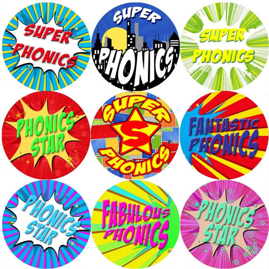 Sticker Stocker 144 Superhero Phonics 30 mm Reward Stickers for School Teachers, Parents and Nursery