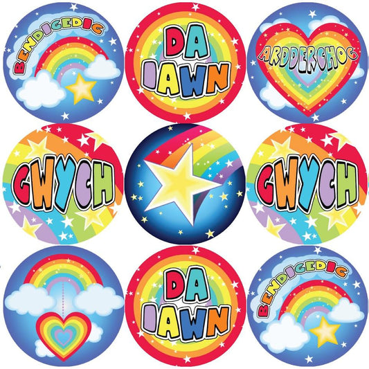 Sticker Stocker 144 Welsh Rainbows and Stars 30mm Reward Stickers for Teachers, Parents