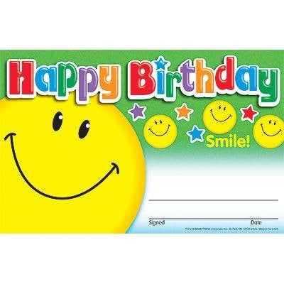 Trend Enterprises Inc 30 Happy Birthday Smile Childrens Award - Recognition Certificates Pad