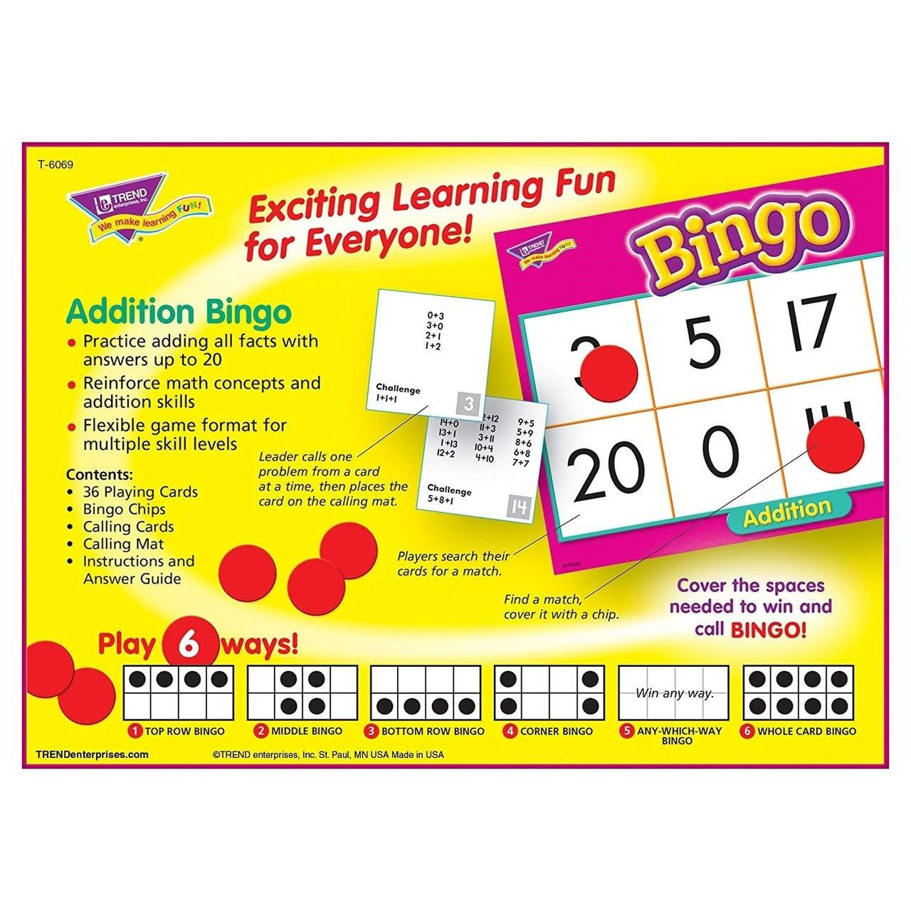 Trend Enterprises Inc Teaching Addition Childrens Bingo Maths Game for up to 36 players